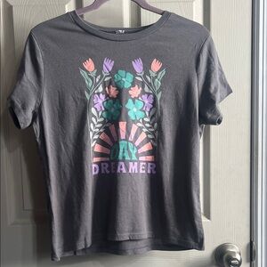 Gray Graphic Tee with Floral Design
